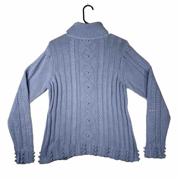 Y2K Blue Cable Knit Turtleneck Sweater Pullover Pom Pom XL Coquette Fairy Grunge - Picture 2 of 9